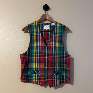 Vintage Womans Rainbow Plaid Russ Petites Size 8 Vest Retro Colorful Fun